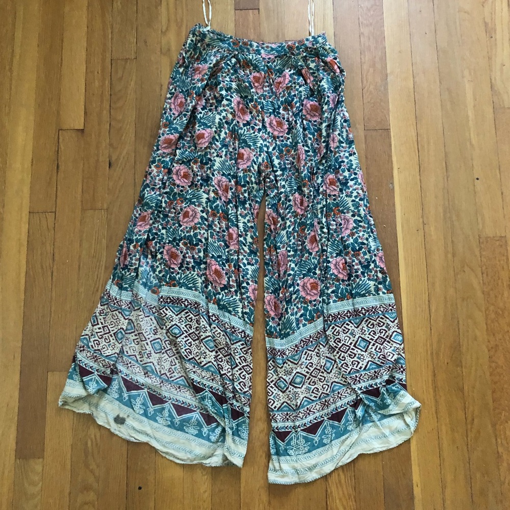 Floral Wide Leg Pants with Side Slit